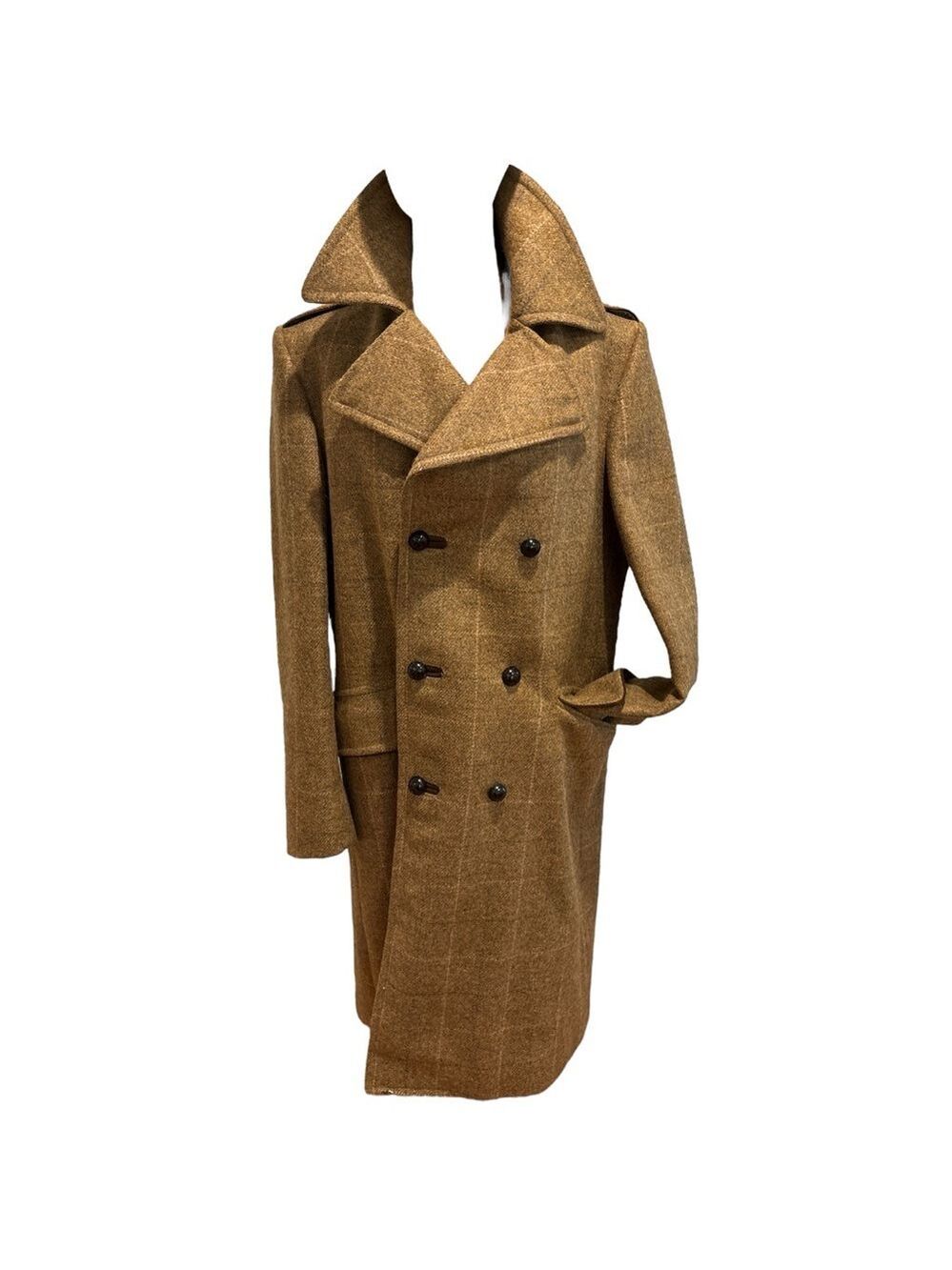 VTG HERMAN PHILLIPS WOOL TAN PLAID ECLECTIC GRANDPA DBL BREASTED TRENCH COAT 40 - Picture 3 of 17